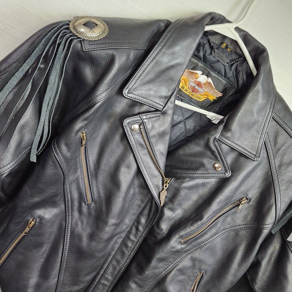 Vintage Harley Davidson Heavy Leather Jacket Sz S Oversized Black Fringe Concho